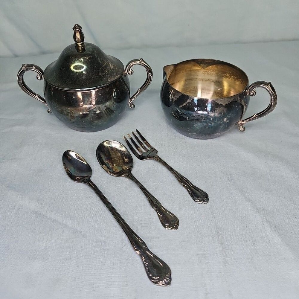 Cream Sugar Silver Plated ONEIDA Set Spoon Fork Silversmiths US Coffee Tea VTG